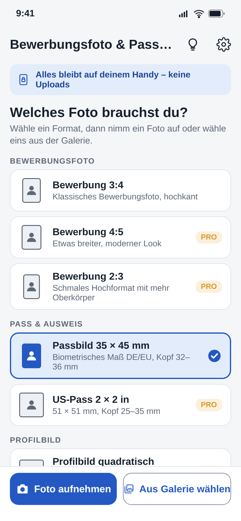 Formatauswahl: Bewerbung, Passbild, US-Pass und Profilbild